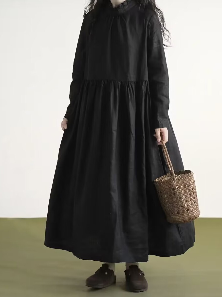 Casual Loose Linen Shirt Dress - Vestido de Linho com Gola de
