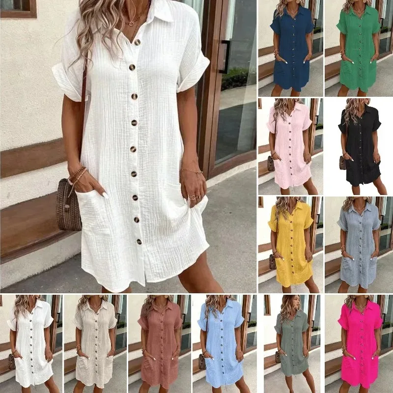 Vestido Casual de Algodão e Li - Casual Loose Linen Shirt Dress avaliação e preço
