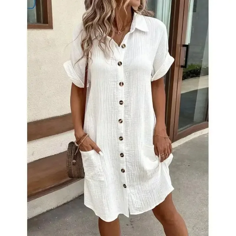 Vestido Casual de Algodão e Li - Casual Loose Linen Shirt Dress avaliação e preço