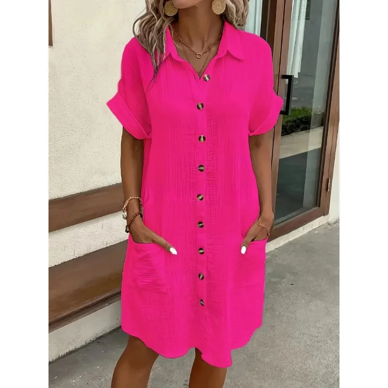 Vestido Casual de Algodão e Li - Casual Loose Linen Shirt Dress avaliação e preço