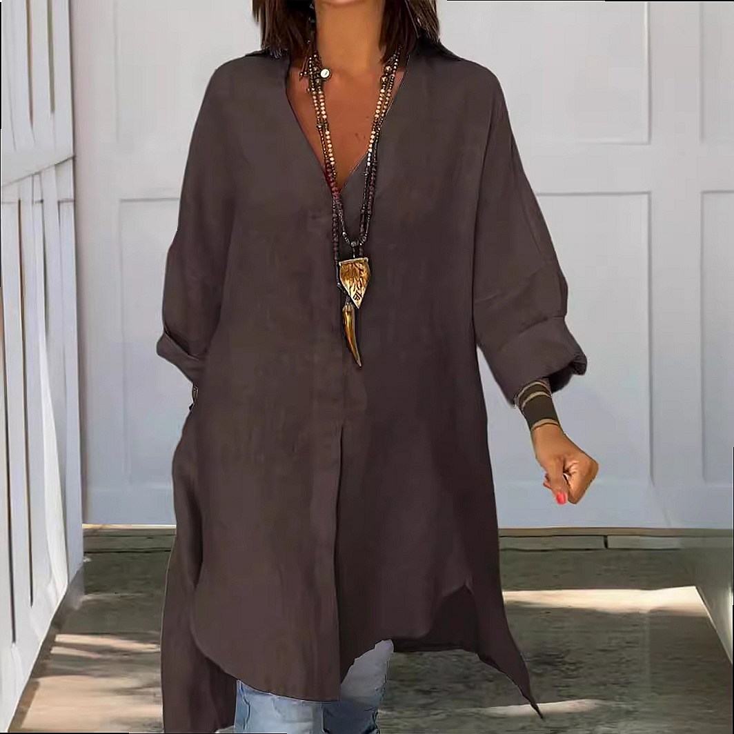 Vestido camisa de linho femini - Casual Loose Linen Shirt Dress avaliação e preço
