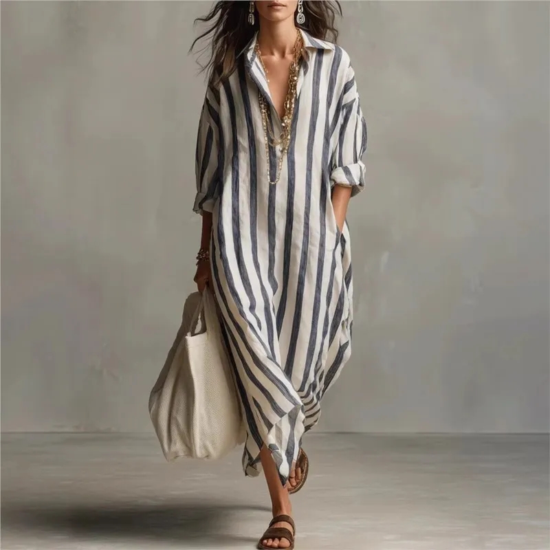 Vestido Longo de Linho Elegant - Casual Loose Linen Shirt Dress avaliação e preço
